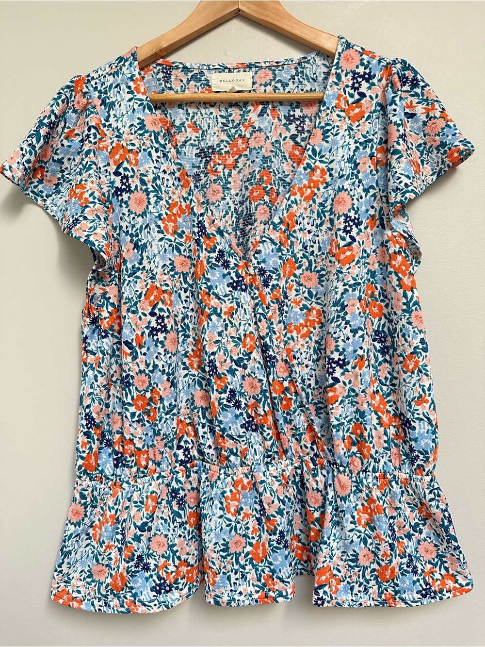 Melloday Floral Peplum‎ Blouse Large Boho Flutter Sleeve V Neck Top
